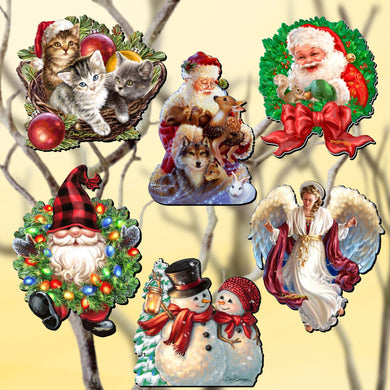 Santa and Friends Clip-On Eco Wood Decorative Ornaments Set of 6 by D. Gelsinger - Christmas Decor - 8090134C-S6