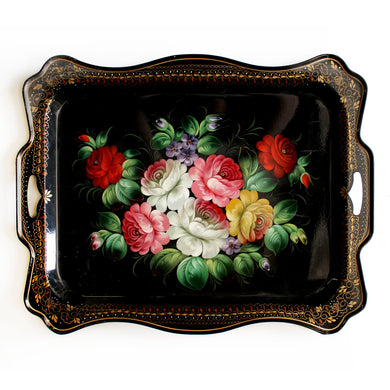 Unique Zhostovo-Style Floral Hand-Painted Metal Tray 20 x 15 inches Kitchenware and Gift Decor One-of-a-Kind Work of Art by G. Debrekht Functional for Kitchen Table and Wall Decor