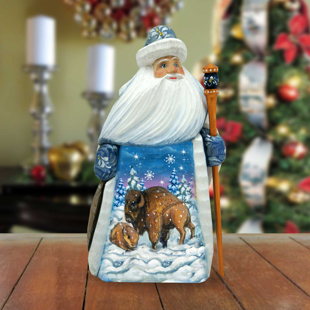 Santa Buffalo Father Frost Santa Hand-Painted WOODCARVED Figurine by G. DeBrekht - Wildlife Holiday Decor - 8215678
