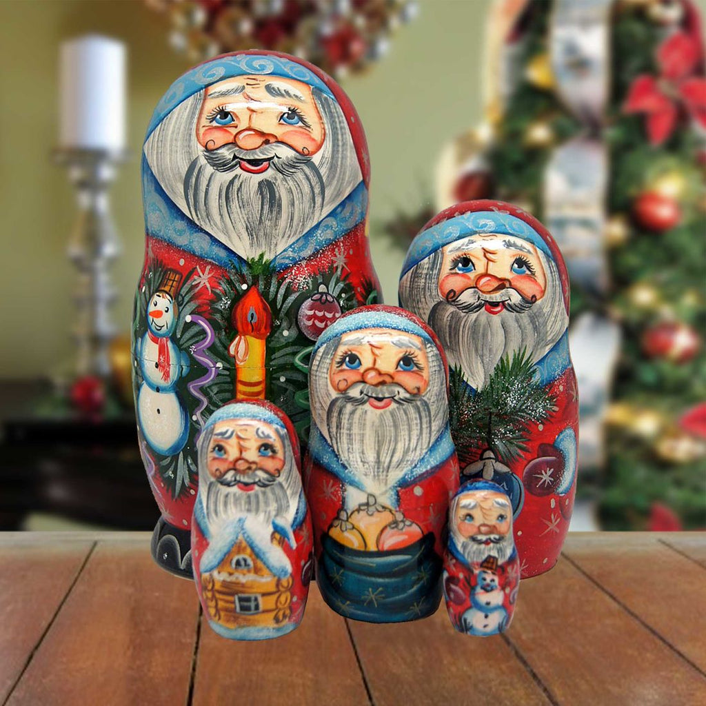 Candlelight Santa Matreshka Nesting Hand-Painted Dolls Set of 5 by G. DeBrekht - Christmas Santa Snowman Decor - 110171