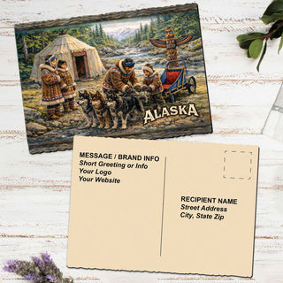 The image is a postcard featuring a painting of a Native American scene with a tent, people, and dogs, along with the word