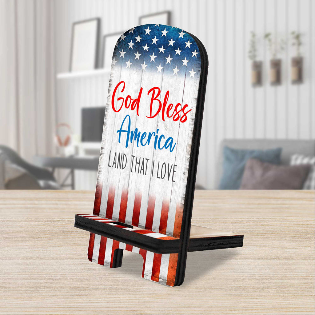God Bless America Cell Phone Stand Wood Mobile Tablet Holder Charging Station Organizer - 892073