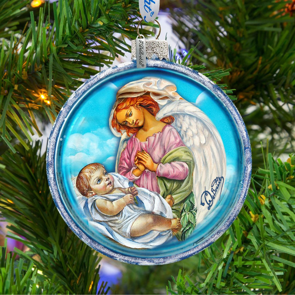 Jesus and Angel Cut Ball Glass Ornament by G. DeBrekht - Nativity Holiday Decor - 764-006