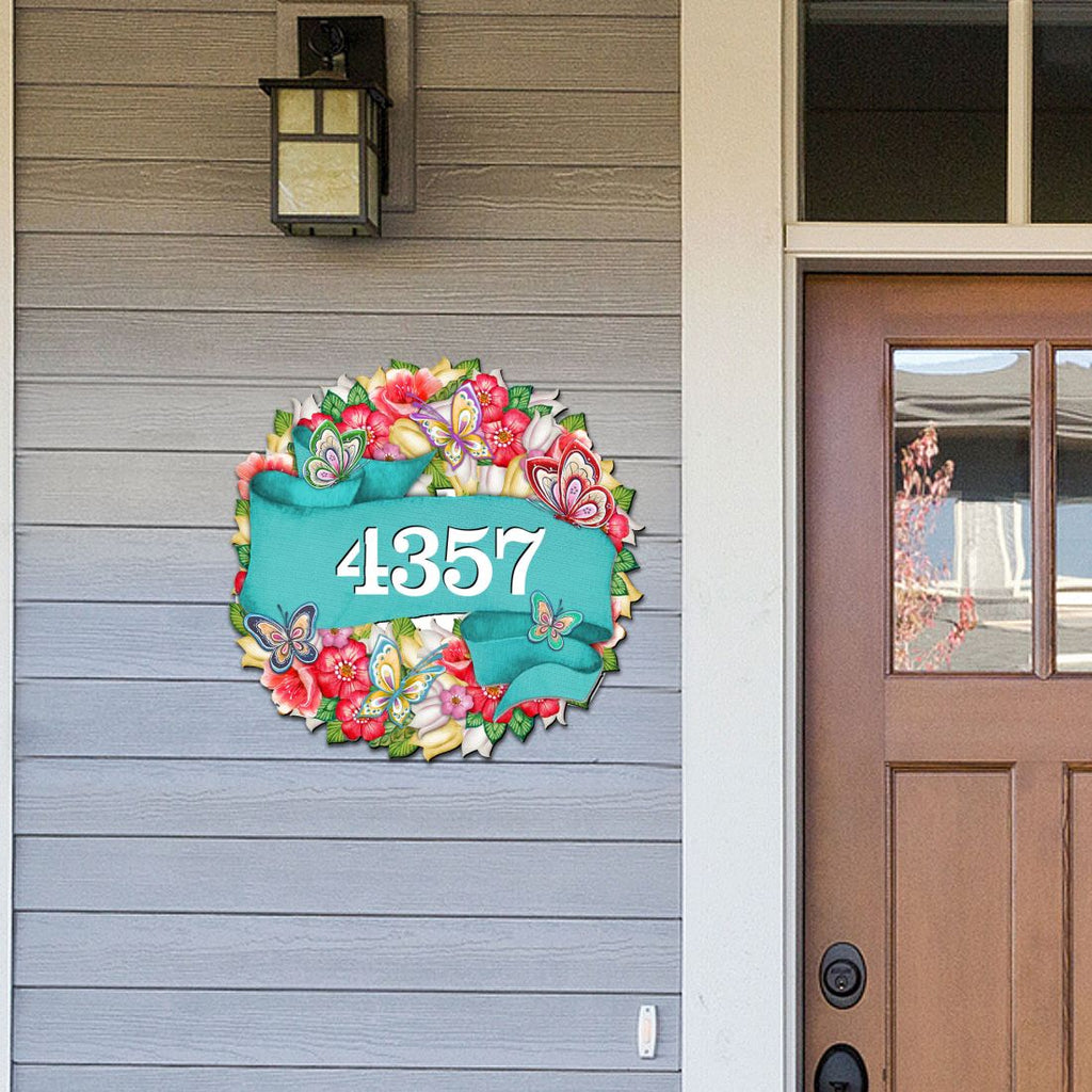 Floral Wreath Wooden Personalized House Number Sign by G. Debrekht - Love Family Kids Decor - Handcrafted Wooden Handcrafted Wooden Address Sign - MA81853033