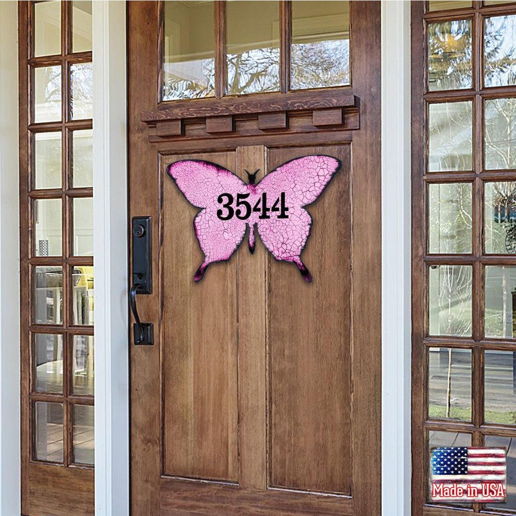 Butterfly Wooden Custom House Number Sign - Easter Spring Decor - Handcrafted Wooden Address Sign - MA98413