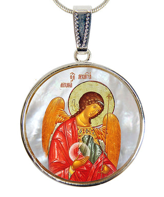 Saint Michael the Archangel Silver Plated Mother of Pearl Necklace - 43027O