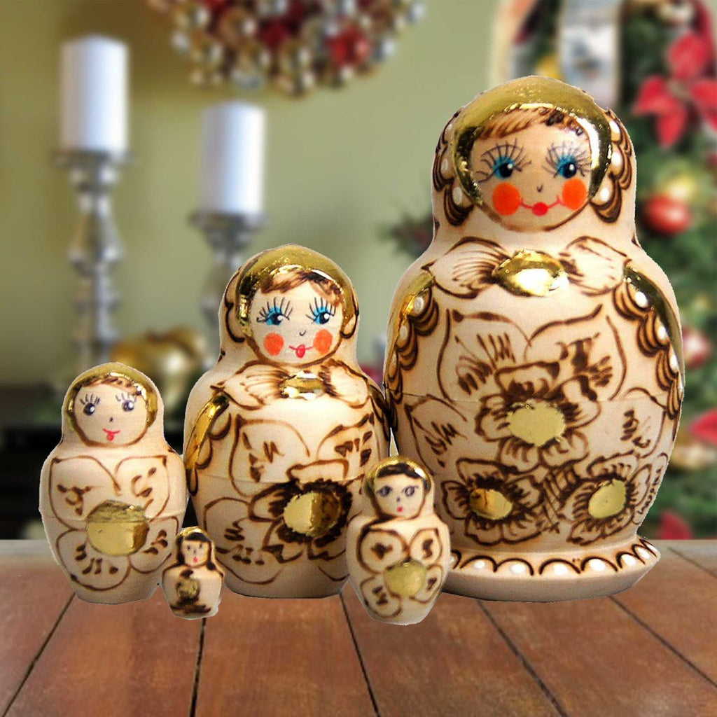 Gold Floral Matreshka Nesting Hand-Painted Doll Set of 5 by G. DeBrekht - Christmas Decor - 140121