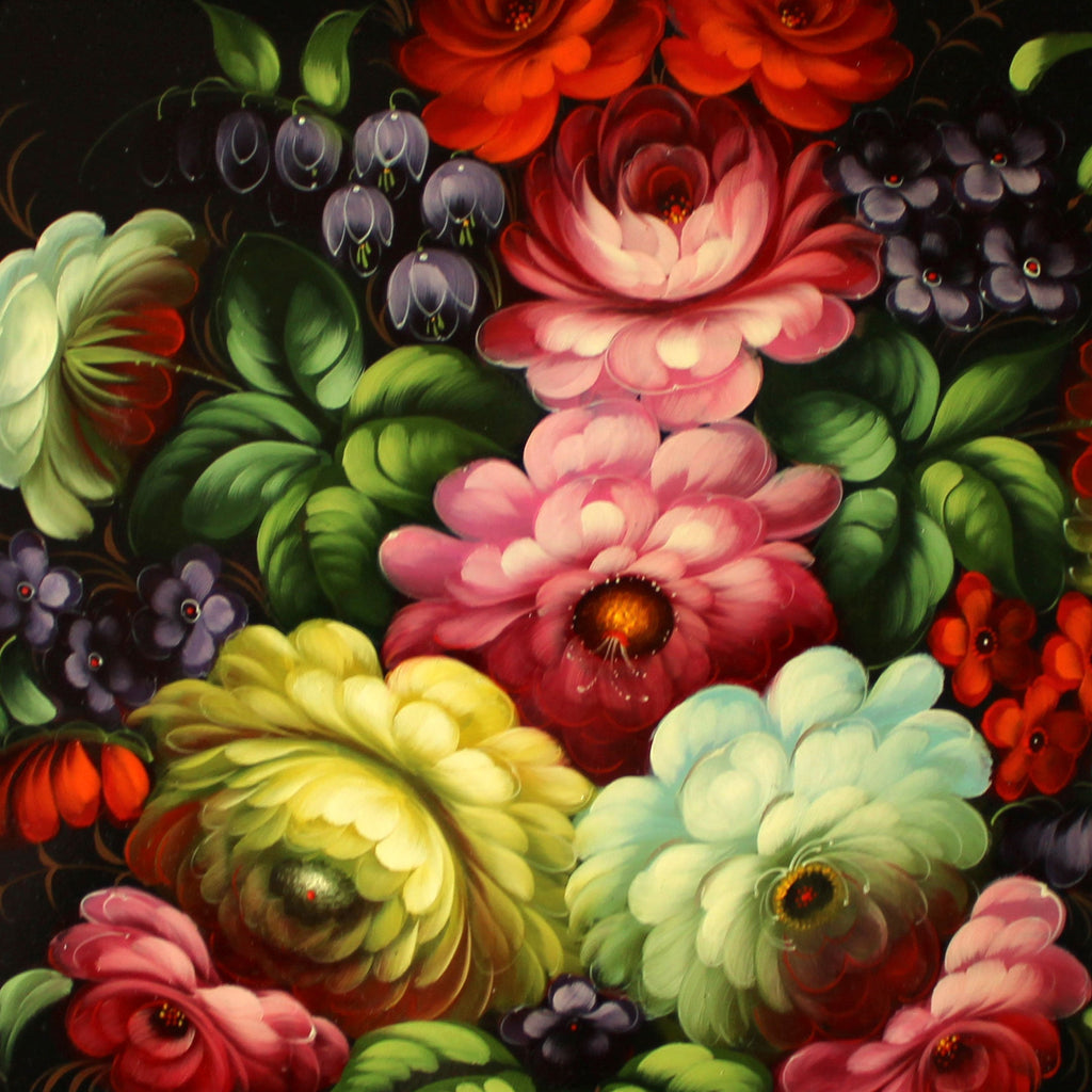 Authentic Hand-Painted Zhostovo Floral Black Metal Tray 17x17 - Exquisite Kitchenware and Gift - One-of-a-Kind Work of Art by G. Debrekht Functional Kitchenware Table and Unique Wall Decor