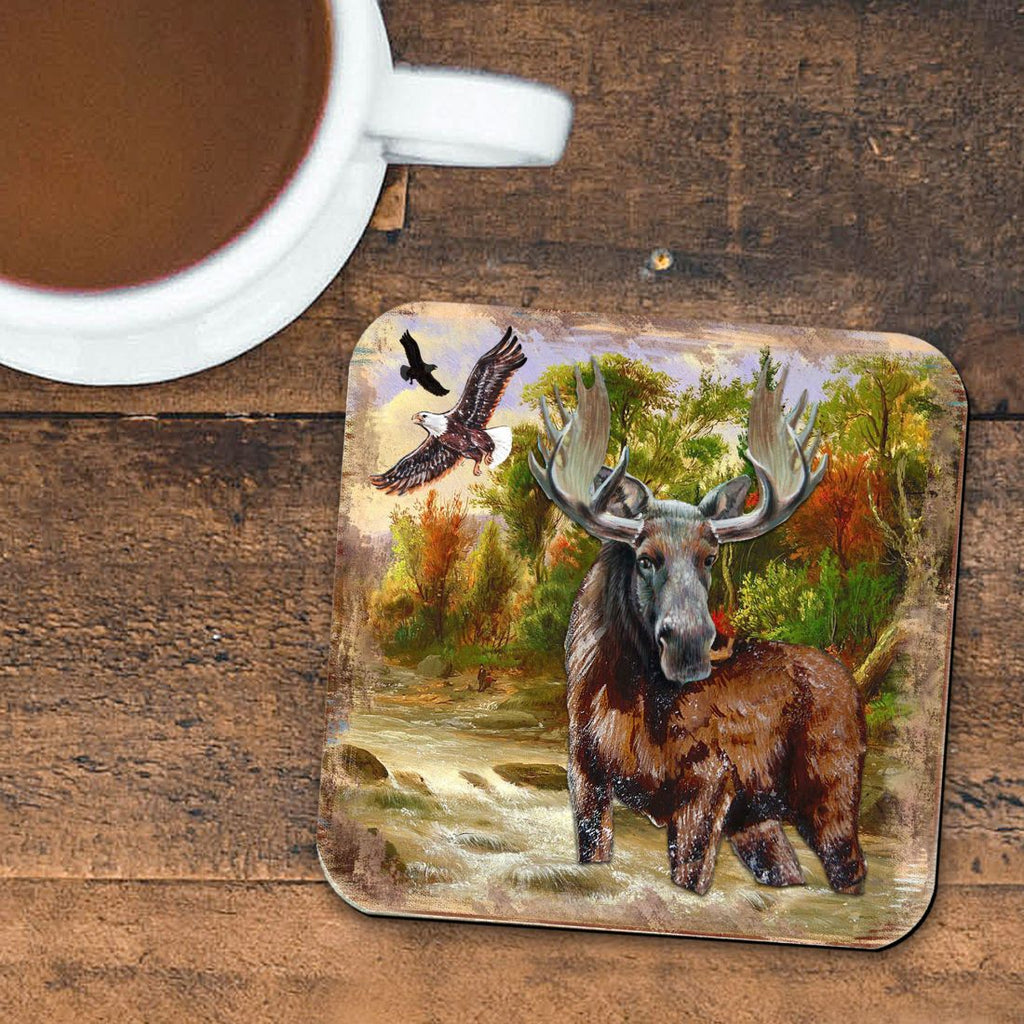 Moose Wooden Cork Coasters Gift Set of 4 by Nature Wonders - Nature Wildlife Decor - 95216-2C-S4