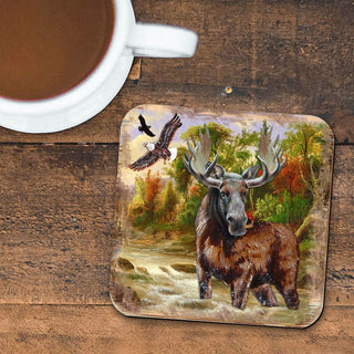 Moose Wooden Cork Coasters Gift Set of 4 by Nature Wonders - Nature Wildlife Decor - 95216-2C-S4