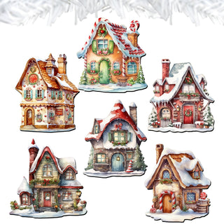 Christmas Houses Clip-On Eco Wood Decorative Ornaments Set of 6 by G. Debrekht - Christmas Decor - 8090024C-S6