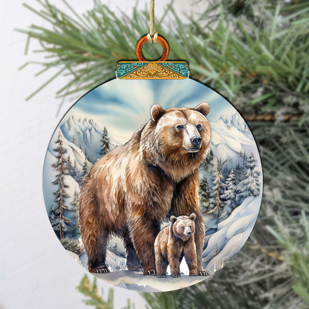Grizzly Bear with Cub Wooden Ornaments by G.Debrekht - Wildlife Holiday Decor - 870070