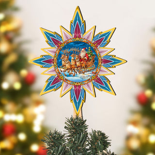 Santa on the Sleigh Star Tree Topper Wooden Decor by G. Debrekht - Santa Snowman Decor - 89516