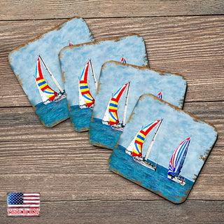 Sailboats Coastal Wooden Cork Coasters Gift Set of 4 by Nature Wonders - Coastal Sea-Life Decor - 95259C-S4