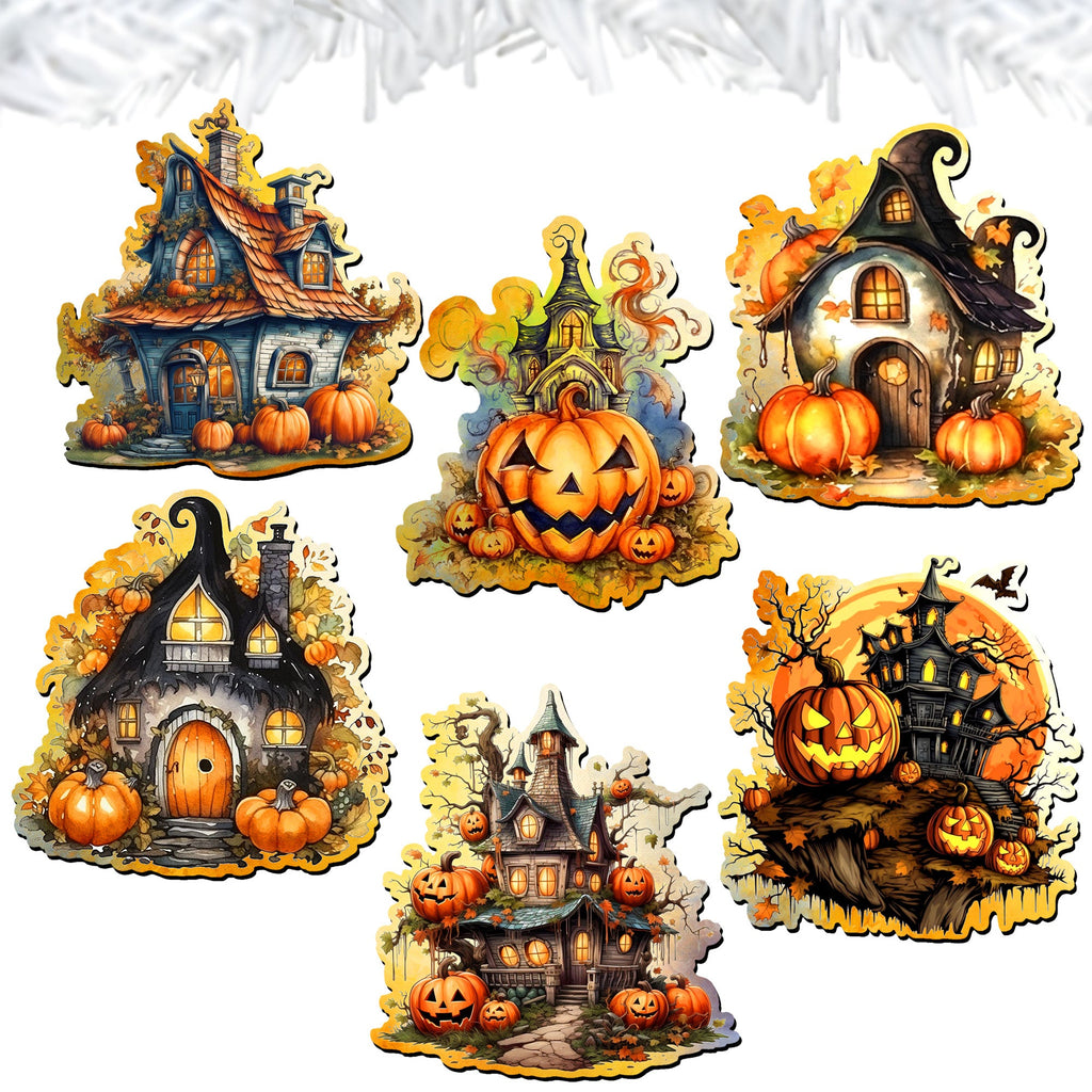 Spooky Houses Clip-On Eco Wood Decorative Ornaments Set of 6 by G. Debrekht - Halloween Decor - 8090007C-S6