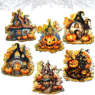 Spooky Houses Clip-On Eco Wood Decorative Ornaments Set of 6 by G. Debrekht - Halloween Decor - 8090007C-S6