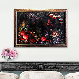 Authentic One-of-a-Kind Zhostovo Floral Birds Framed Art Hand-Painted by T Sholokhova Unique Wall Decor