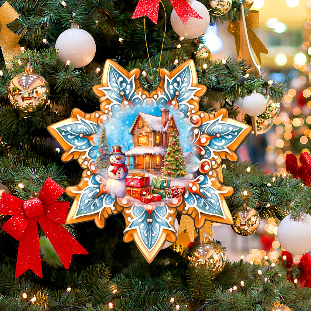 Snowman's Gifts Snowflake Large Wooden Ornament by G. Debrekht - Christmas Santa Snowman Decor - 8688404M