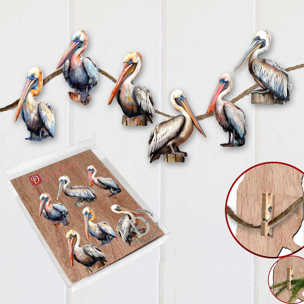 Pelicans Clip-On Eco Wood Decorative Ornaments Set of 6 by G. Debrekht - Christmas Decor - 8090014C-S6
