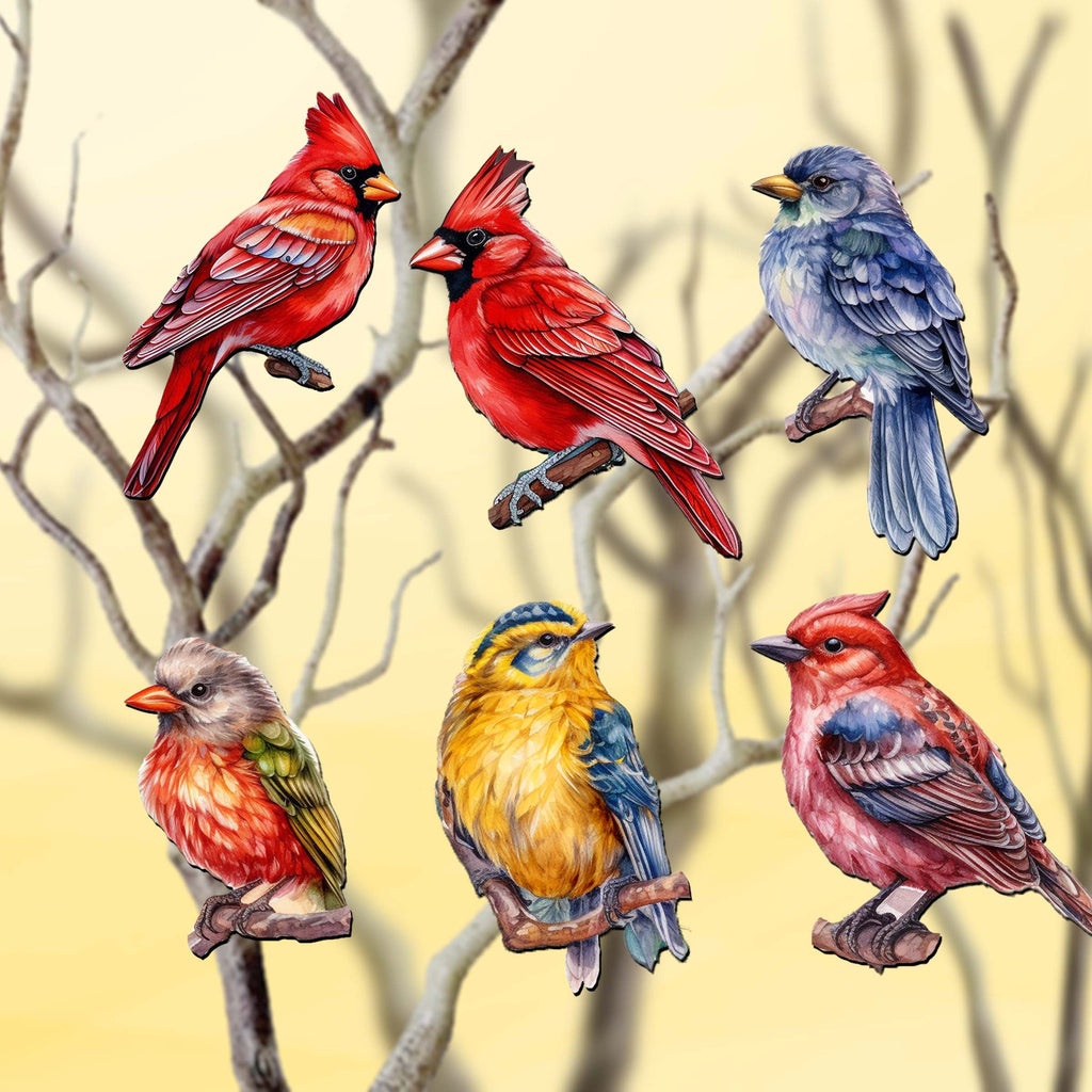 Winter Birds Clip-On Eco Wood Decorative Ornaments Set of 6 by G. Debrekht - Christmas Decor - 8090005C-S6