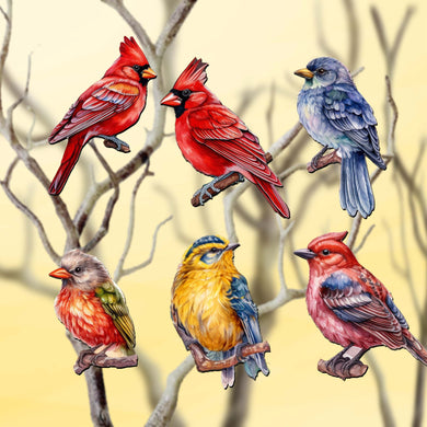 Winter Birds Clip-On Eco Wood Decorative Ornaments Set of 6 by G. Debrekht - Christmas Decor - 8090005C-S6