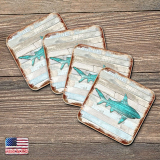 Shark Coastal Wooden Cork Coasters Gift Set of 4 by Nature Wonders - Coastal Sea-Life Decor - 8198515-9C-S4