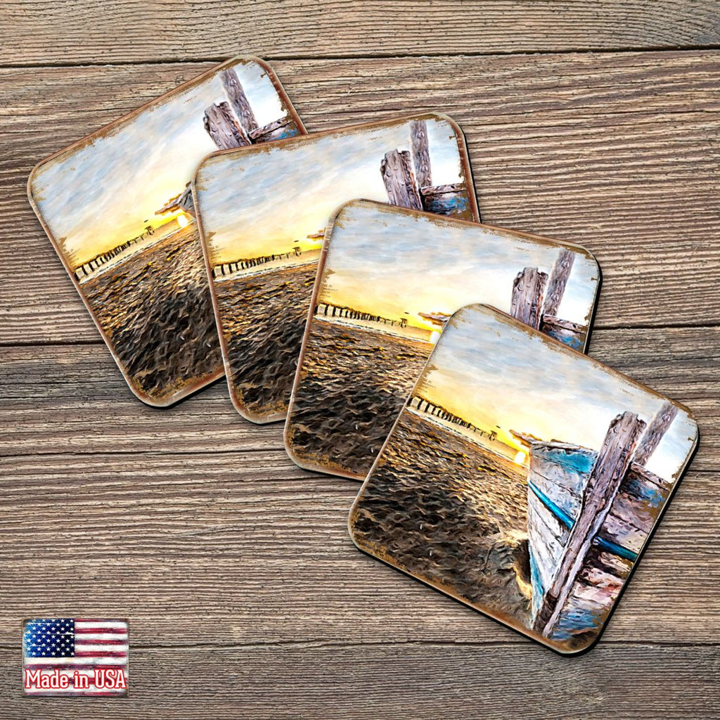 Beach Boat Coastal Wooden Cork Coasters Gift Set of 4 by Nature Wonders - Coastal Sea-Life Decor - 95271C-S4