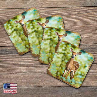 Forest Deer Wooden Cork Coasters Gift Set of 4 by Nature Wonders - Nature Wildlife Decor - 95290C-S4