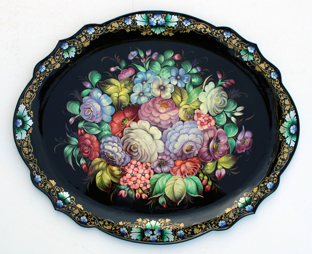 Authentic One-of-a-Kind Zhostovo Hand-Painted Metal Tray by Sergey Filipov - 21x17 Functional Kitchenware and Unique Wall Decor