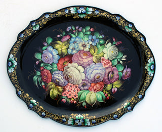 Authentic One-of-a-Kind Zhostovo Hand-Painted Metal Tray by Sergey Filipov - 21x17 Functional Kitchenware and Unique Wall Decor