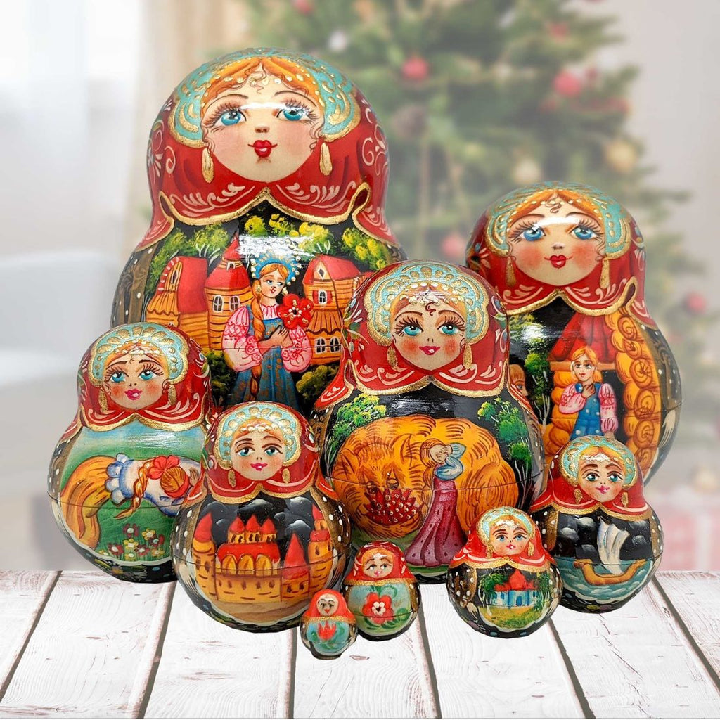 Fairytales Santa Matreshka Nesting Hand-Painted Doll Set of 10 by G. DeBrekht - Christmas Santa Snowman Decor - 120024