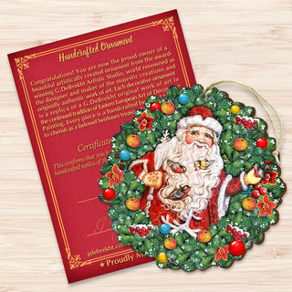 Santa Wreath with Birds Wooden Ornaments by G. DeBrekht - Christmas Santa Snowman Decor - 8185320