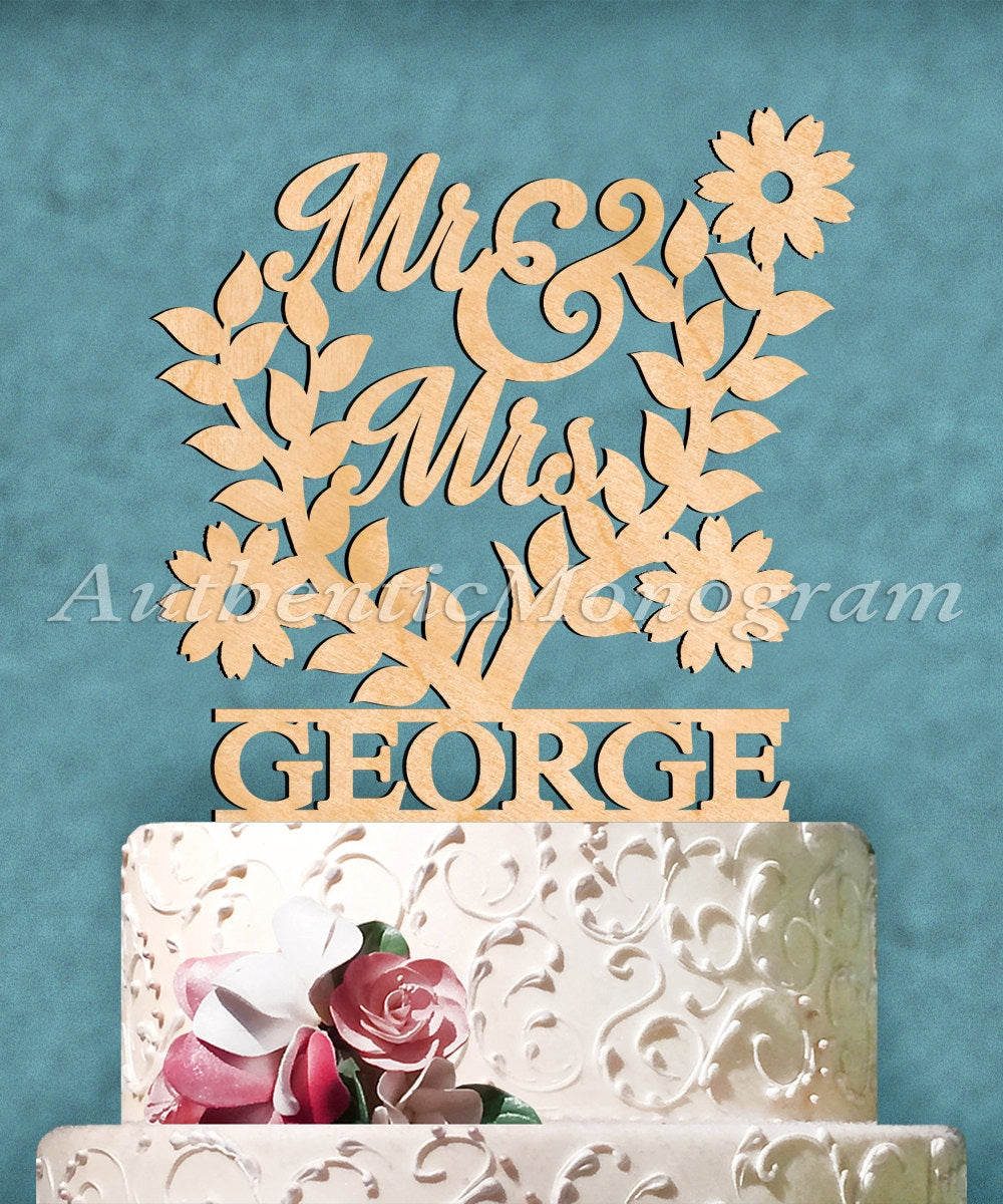 Wedding Cake Topper - Natural wood Custom Mr. & Mrs. Floral Cake Topper. Wedding, Initial, Celebration, Summer Wedding, Summer Party 94350