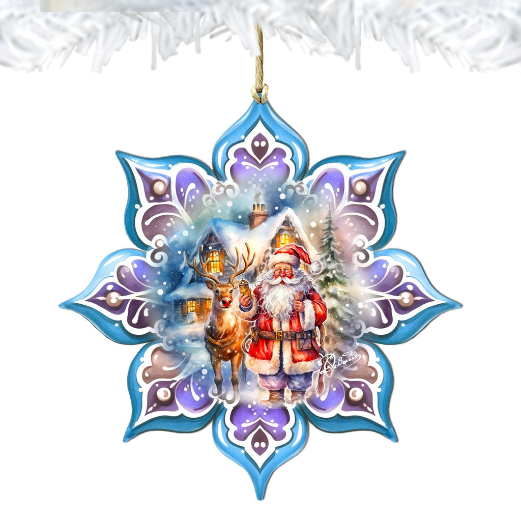 Santa with Reindeer Snowflake Large Wooden Ornament by G. Debrekht - Christmas Santa Snowman Decor - 8688405M