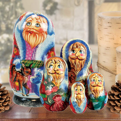 Santa Reindeer Friend Matreshka Nesting Hand-Painted Doll Set of 5 by G. DeBrekht - Christmas Santa Snowman Decor - 110072
