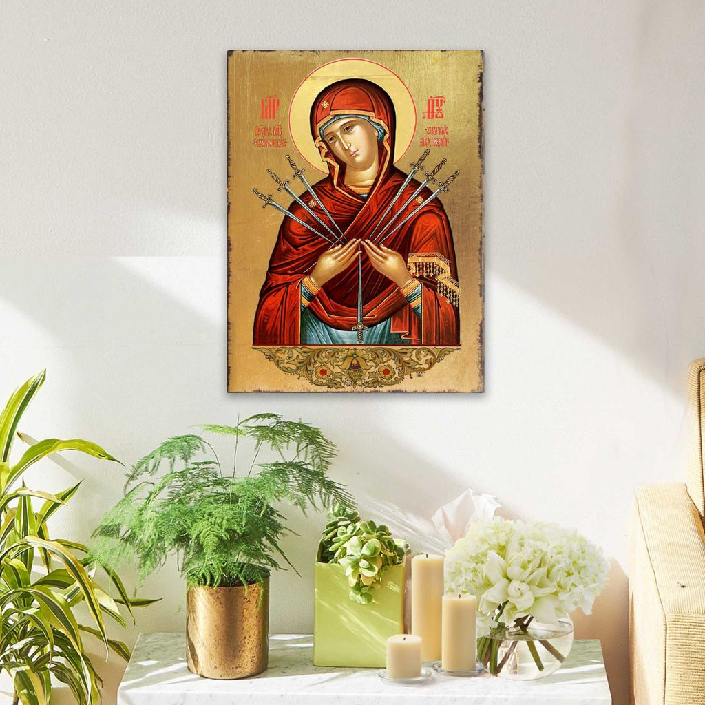 Virgin Mary of the Seven Swords Wooden Gold Plated Religious Christian Sacred Icon - Inspirational Icon Decor - 85037