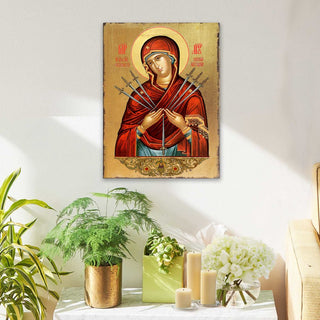 Virgin Mary of the Seven Swords Wooden Gold Plated Religious Christian Sacred Icon - Inspirational Icon Decor - 85037