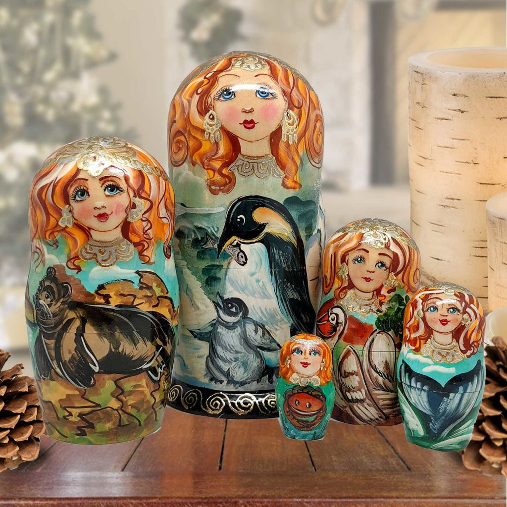 Penguins Matreshka Nesting Hand-Painted Dolls Set of 5 by G. DeBrekht - Wildlife Holiday Decor - 1300811