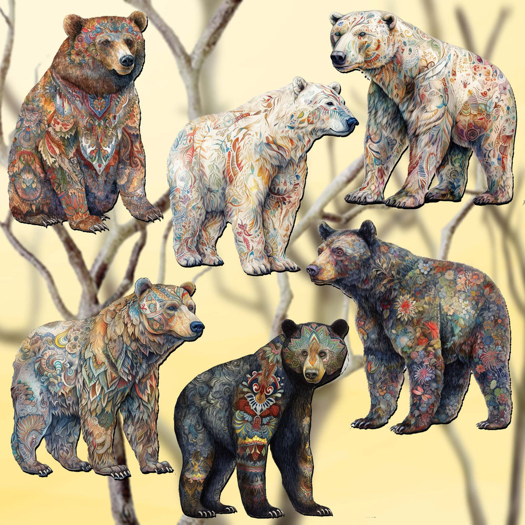 Bear Parade Clip-On Eco Wood Decorative Ornaments Set of 6 by G. Debrekht - Wildlife Decor - 8090106C-S6