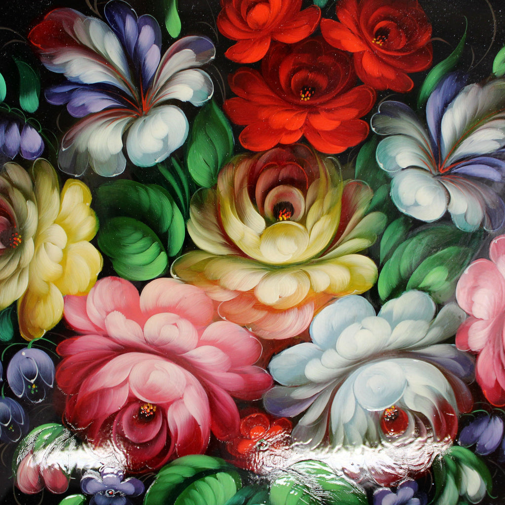 Authentic Zhostovo Floral Hand-Painted Black Metal Tray One-of-a-Kind Work of Art by G. Debrekht 18 x 14 Kitchenware Gift Decoration Functional Kitchenware Table and Unique Wall Decor