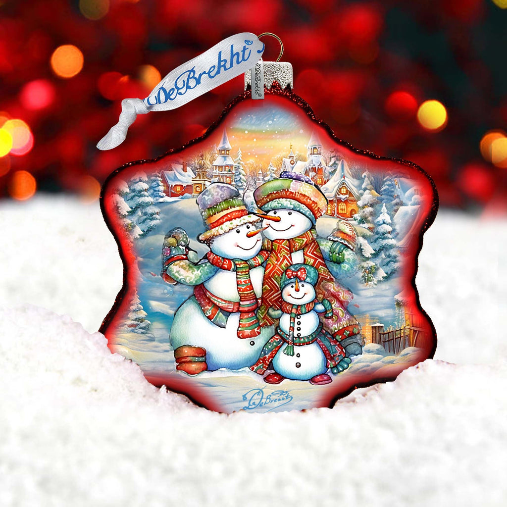 Cheerful Snowmen Snowflake Glass Ornament by G. Debrekht - Christmas Santa Snowman Decor - 754-046