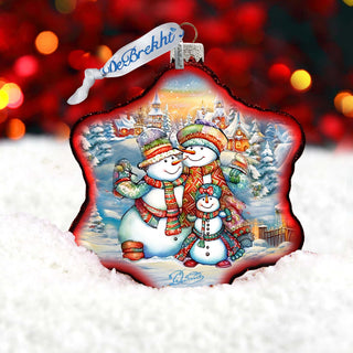 Cheerful Snowmen Snowflake Glass Ornament by G. Debrekht - Christmas Santa Snowman Decor - 754-046