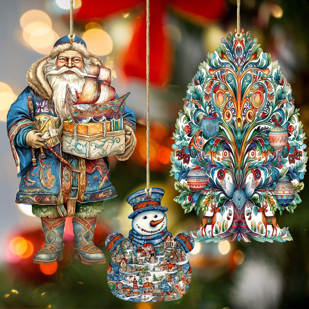 Santas Around the World - Nordic Inspired Santa - Eco Wood Ornaments Set of 3 by G. DeBrekht Christmas Santa Snowman Decor - 8091312S3