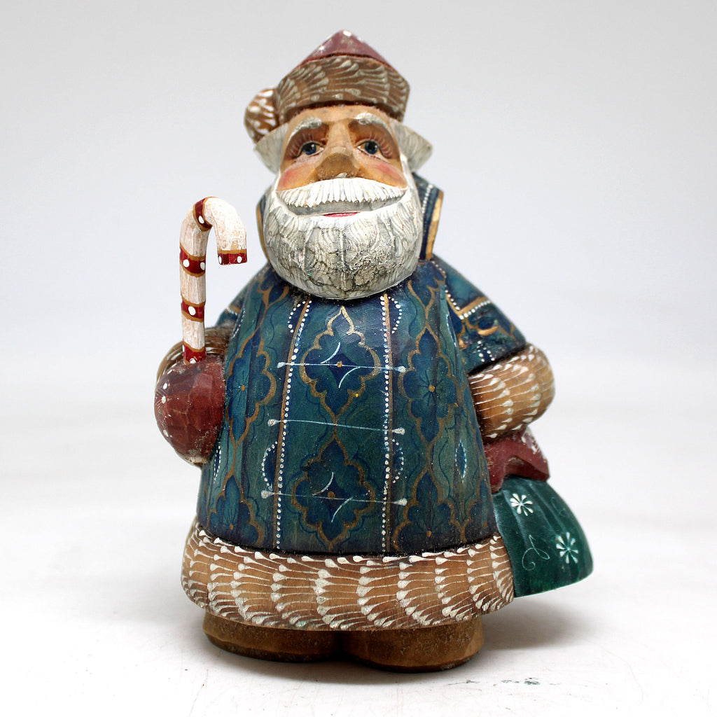 One-of-a-Kind - Santa with Candy Cane WOODCARVED Figurine 5.5x4x3 by G.DeBrekht - Unique Handcarved and Hand-Painted Collectible