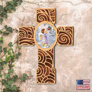 Red Robin Girl Angel Modern Wooden Cross by D. Gelsinger - Inspirational Icon Decor - 88285-DG