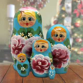 Blue Pink Floral Matreshka Nesting Hand-Painted Dolls Set of 5 by G. DeBrekht - Christmas Decor - 140139