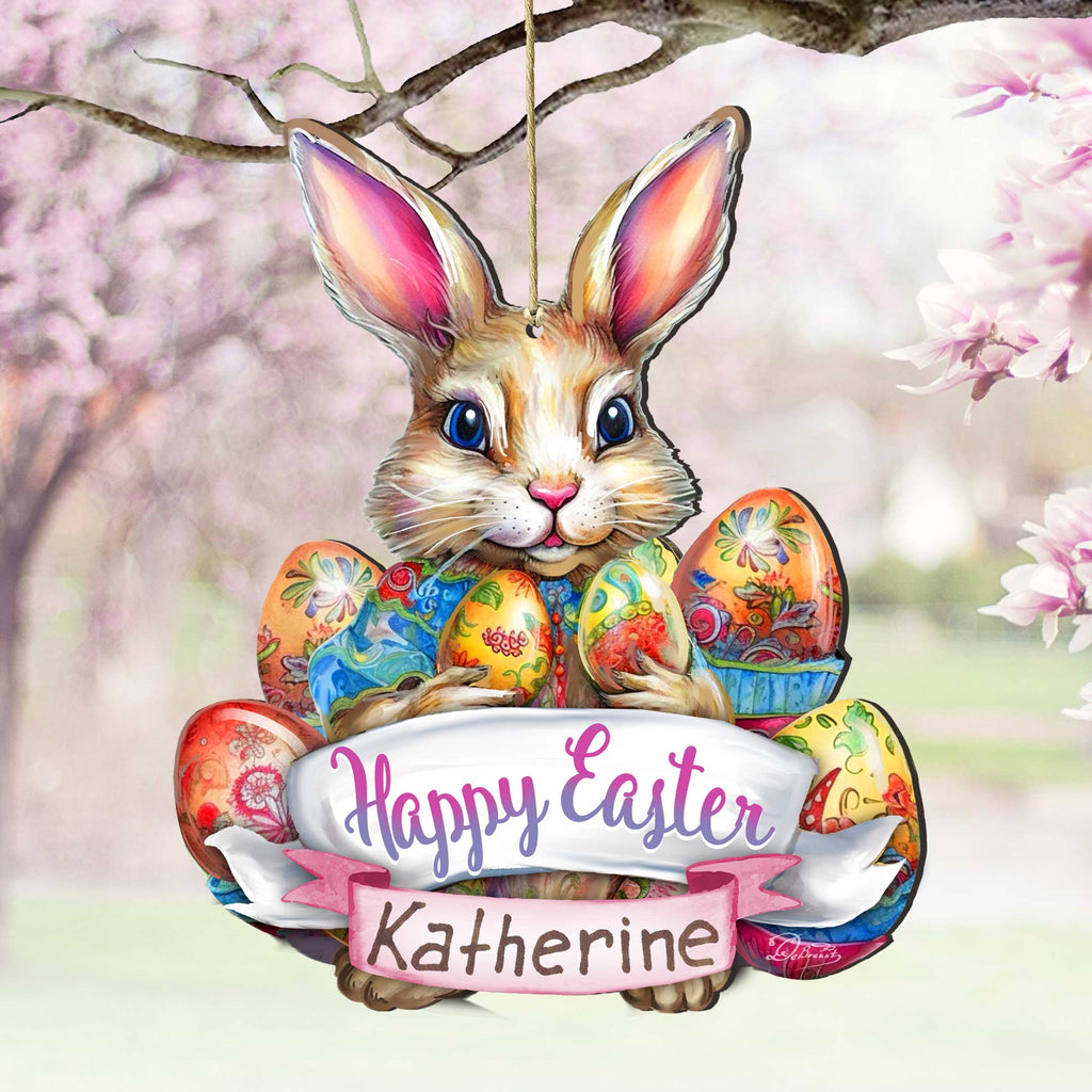 Personalized Easter Ornaments, Personalized Gift, Easter Basket Tag - Baby Name Happy Easter Bunny with Eggs Wooden Ornaments by G. Debrekht Easter Spring Decor - 8652785P