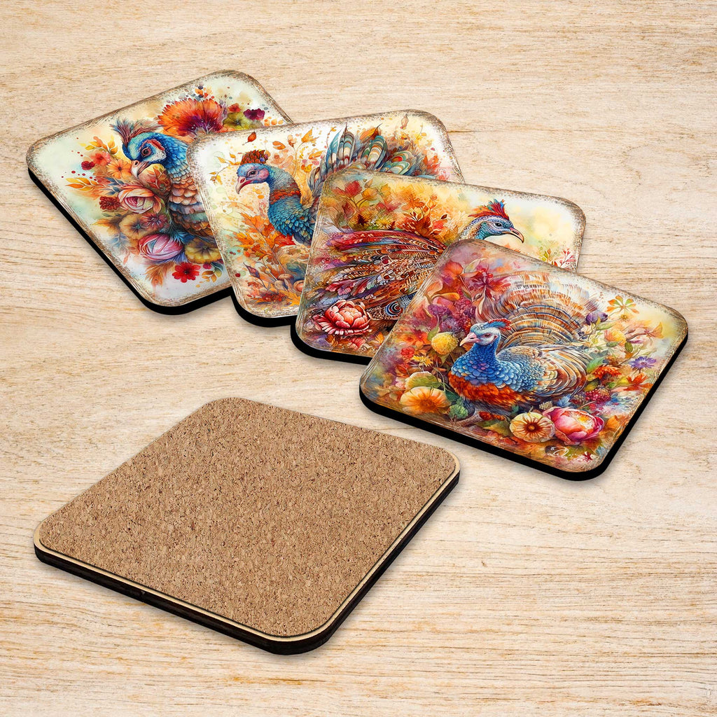 Turkey Wooden Cork Coasters Gift Set of 4 by G. Debrekht - Thanksgiving Decor - 8199437C-S4