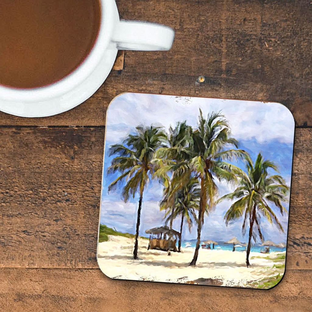 Palm Trees Beach Coastal Wooden Cork Coasters Gift Set of 4 by Nature Wonders - Coastal Sea-Life Decor - 95258C-S4