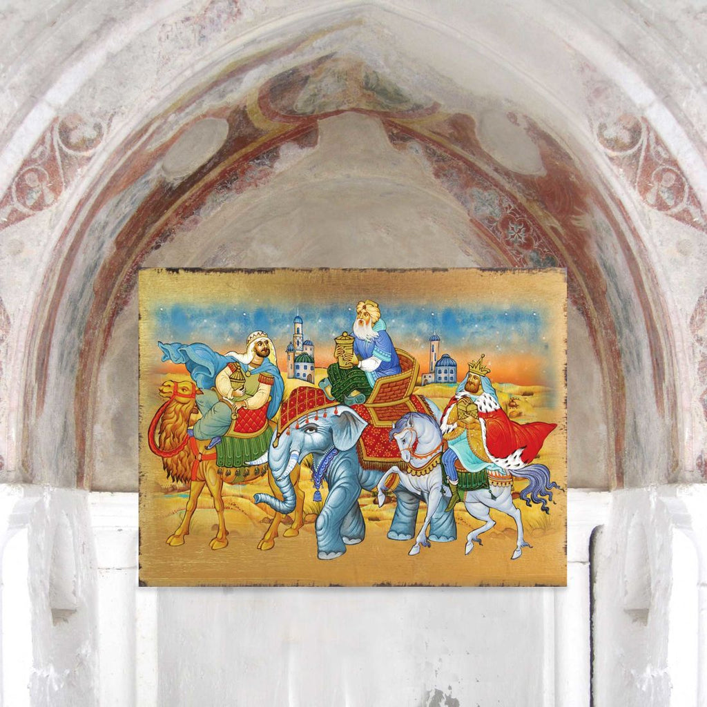 Three Kings Block Wooden Gold Plated Religious Christian Sacred Icon - Inspirational Icon Decor - 85039